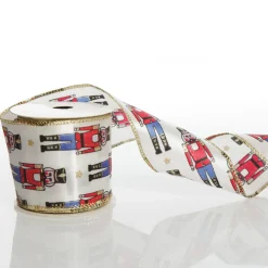 White Satin Ribbon with Blue and Red Nutcracker Print Ribbons|