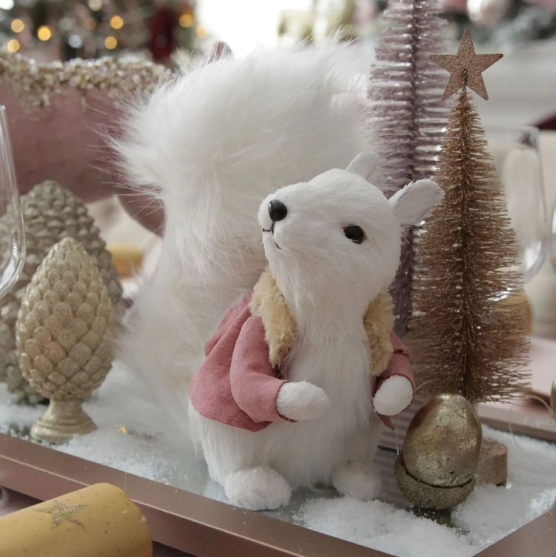 White Squirrel with Bushy Tail and Pink Jacket Christmas Birds And Animals|