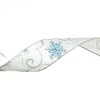 White Wired Christmas Ribbon with Blue and Silver Glitter Snowflakes - 3.8cm Ribbons|