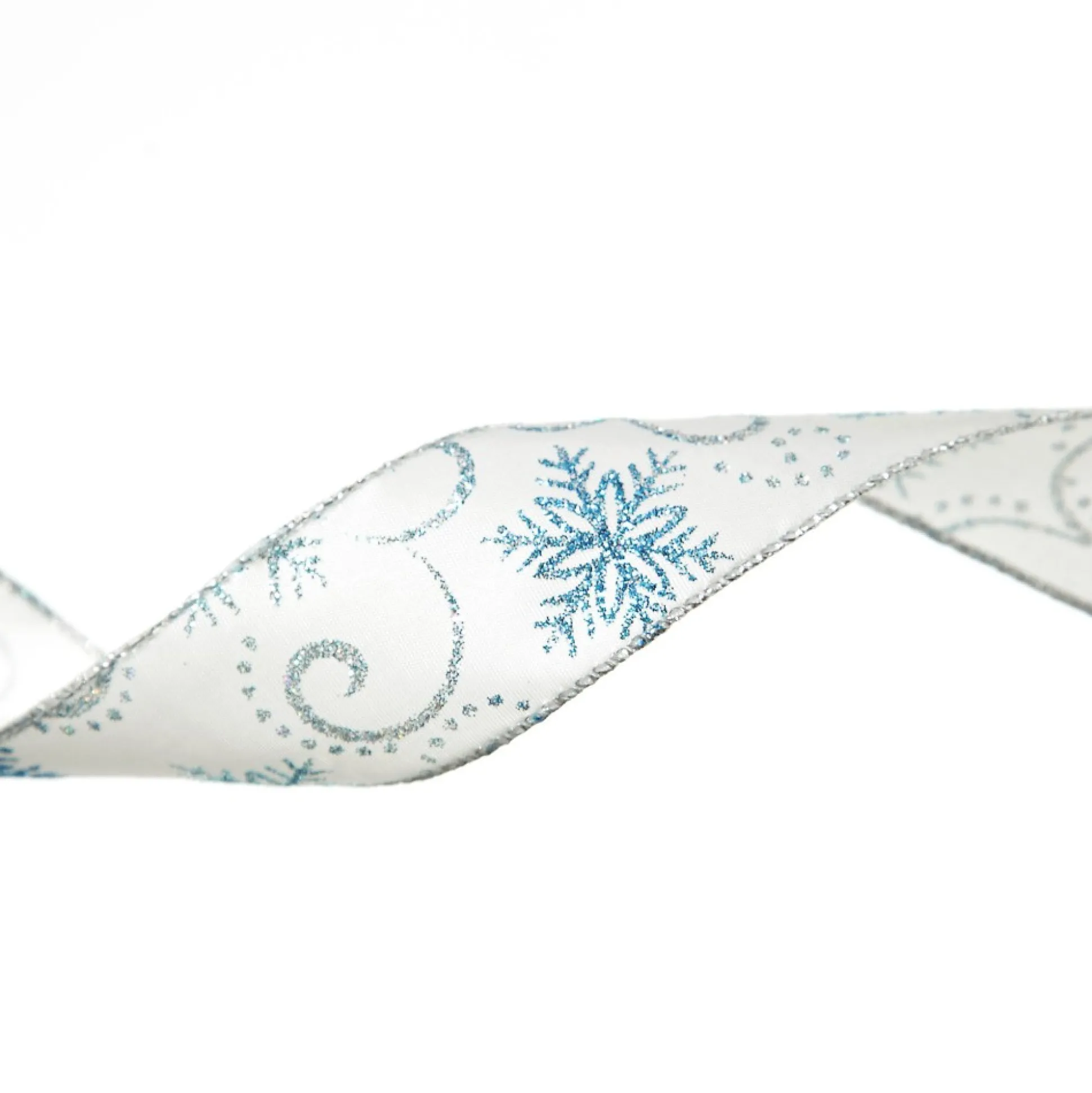 White Wired Christmas Ribbon with Blue and Silver Glitter Snowflakes - 3.8cm Ribbons|