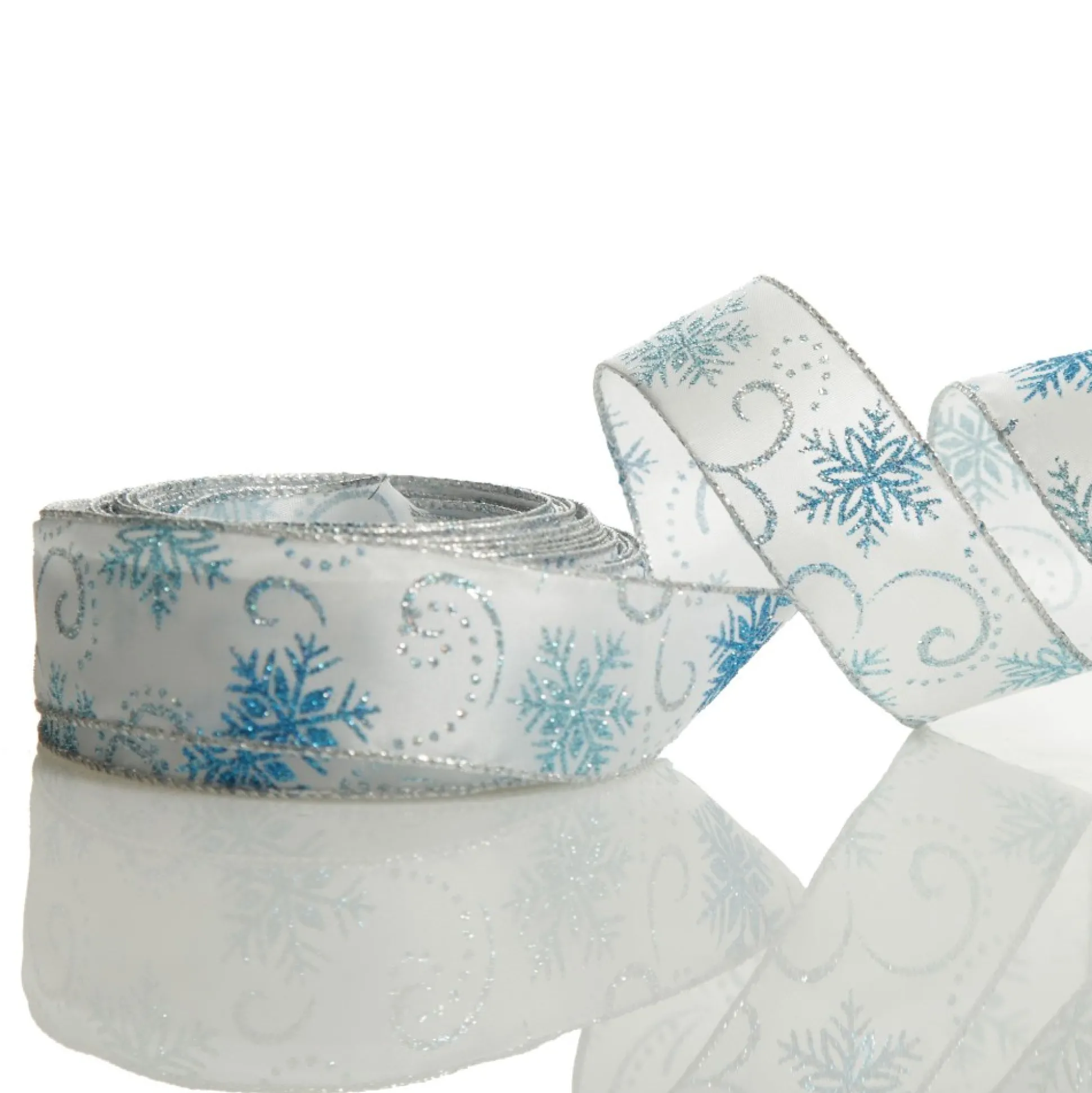 White Wired Christmas Ribbon with Blue and Silver Glitter Snowflakes - 3.8cm Ribbons|