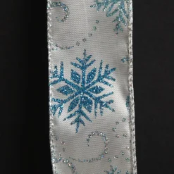 White Wired Christmas Ribbon with Blue and Silver Glitter Snowflakes - 3.8cm Ribbons|