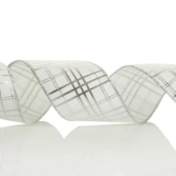 White with Silver Cross Pattern Wired Christmas Ribbon Ribbons|