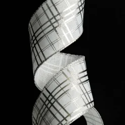 White with Silver Cross Pattern Wired Christmas Ribbon Ribbons|