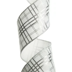 White with Silver Cross Pattern Wired Christmas Ribbon Ribbons|