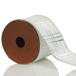 White with Silver Cross Pattern Wired Christmas Ribbon Ribbons|