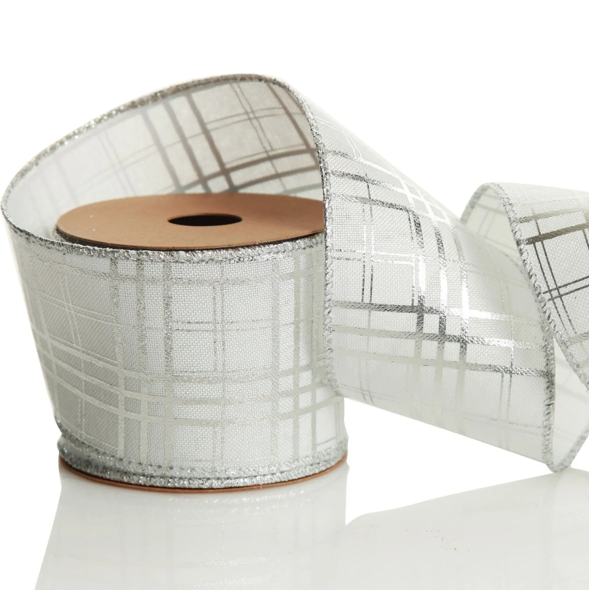 White with Silver Cross Pattern Wired Christmas Ribbon Ribbons|