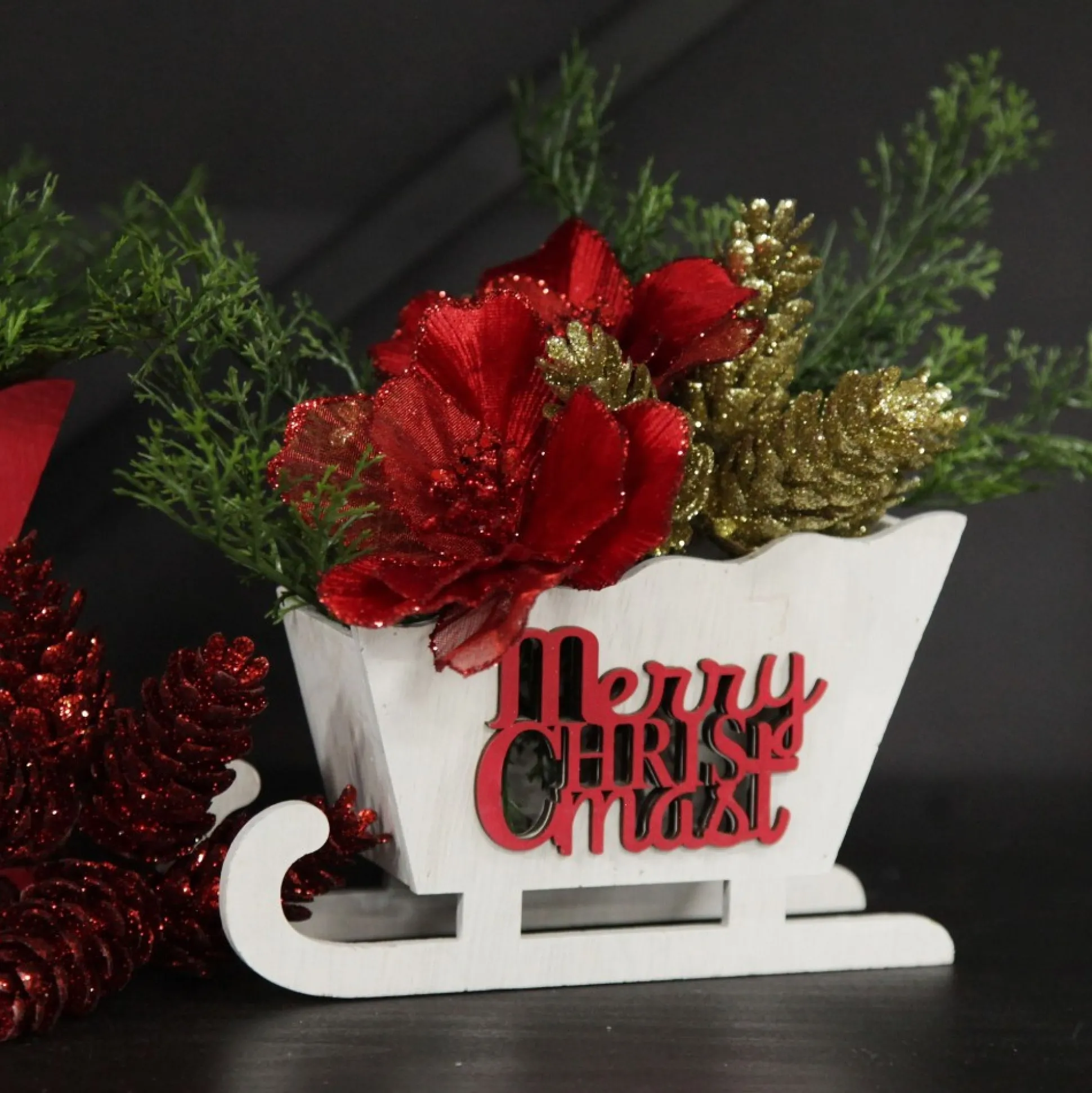 White Wooden Sleigh with Merry Christmas Christmas Ornaments|