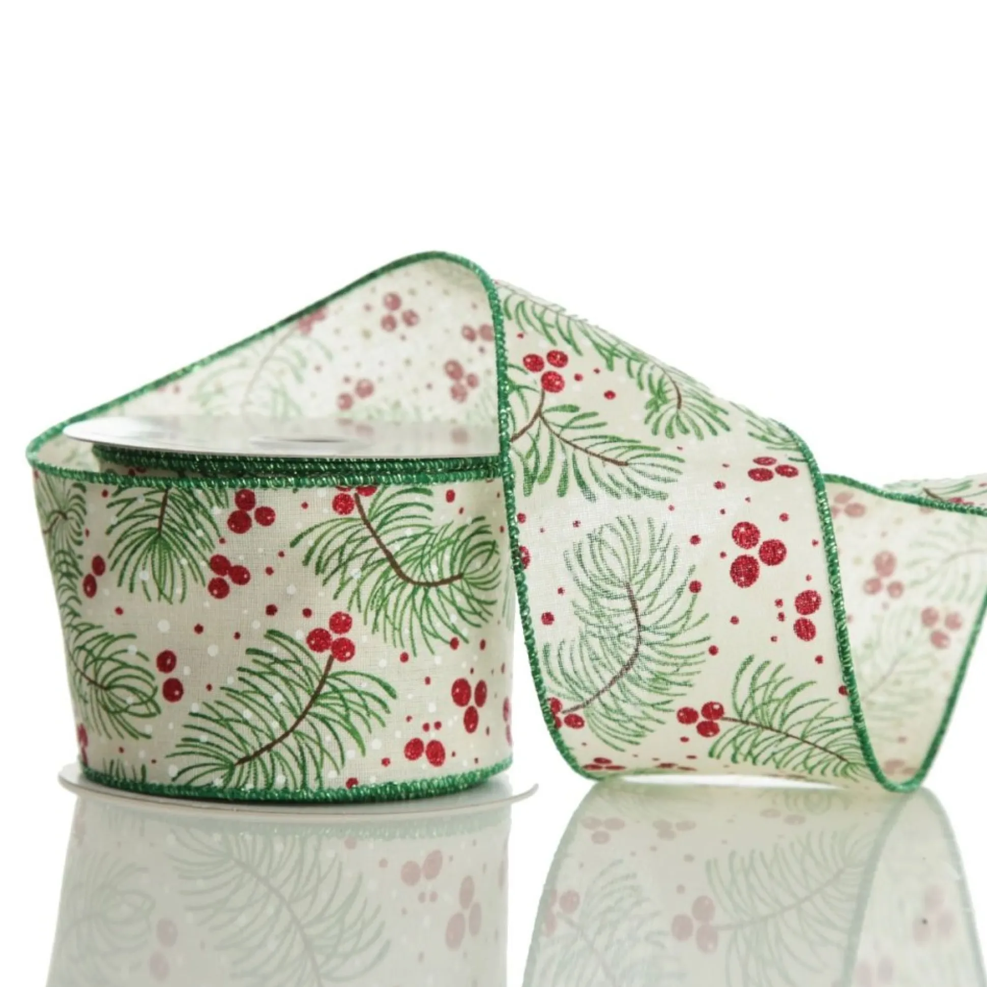 Wide White with Green Fir and Red Berry Ribbon - 6.5cm Ribbons|