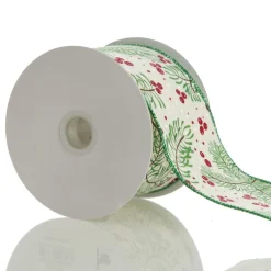 Wide White with Green Fir and Red Berry Ribbon - 6.5cm Ribbons|
