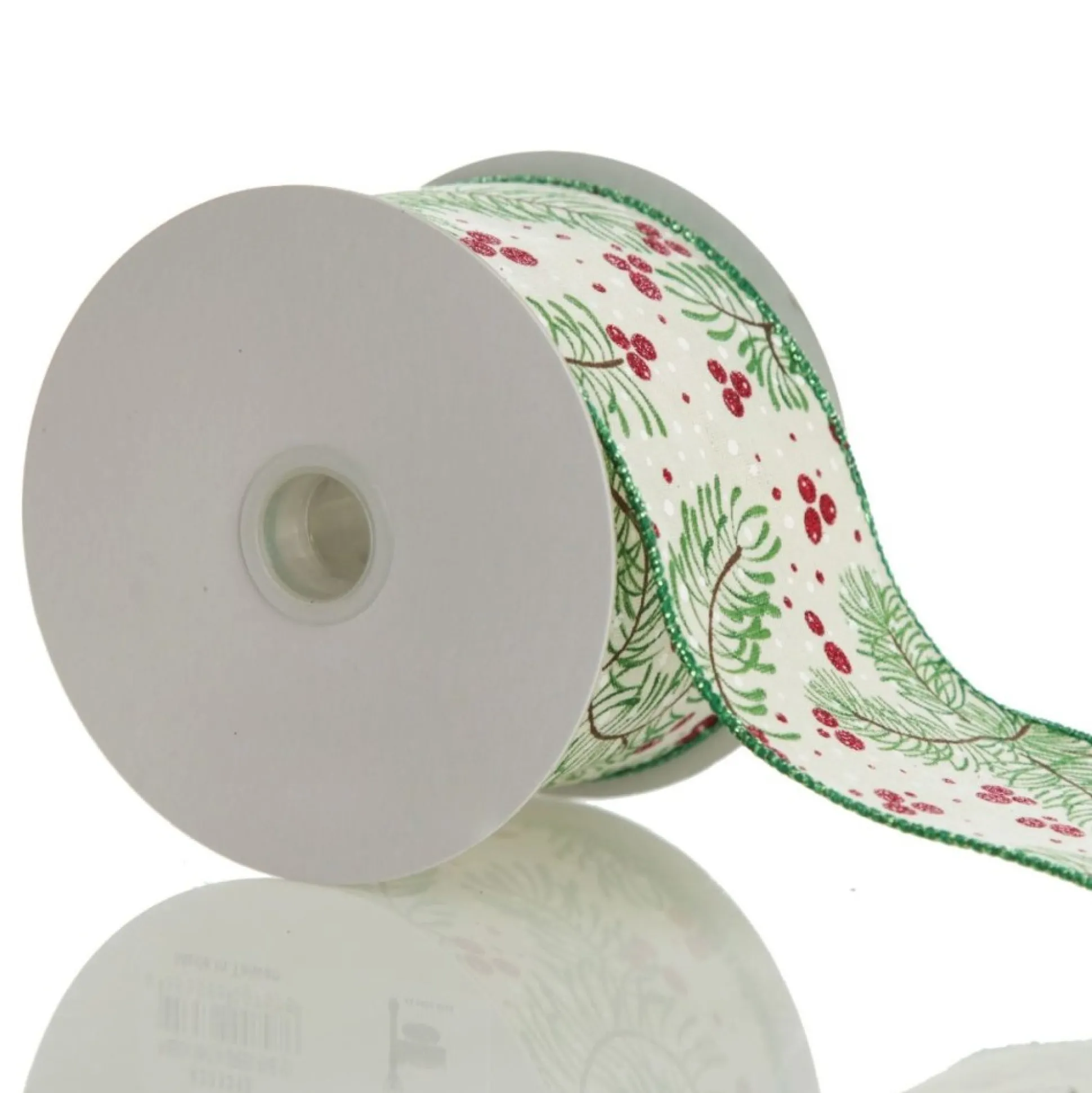 Wide White with Green Fir and Red Berry Ribbon - 6.5cm Ribbons|