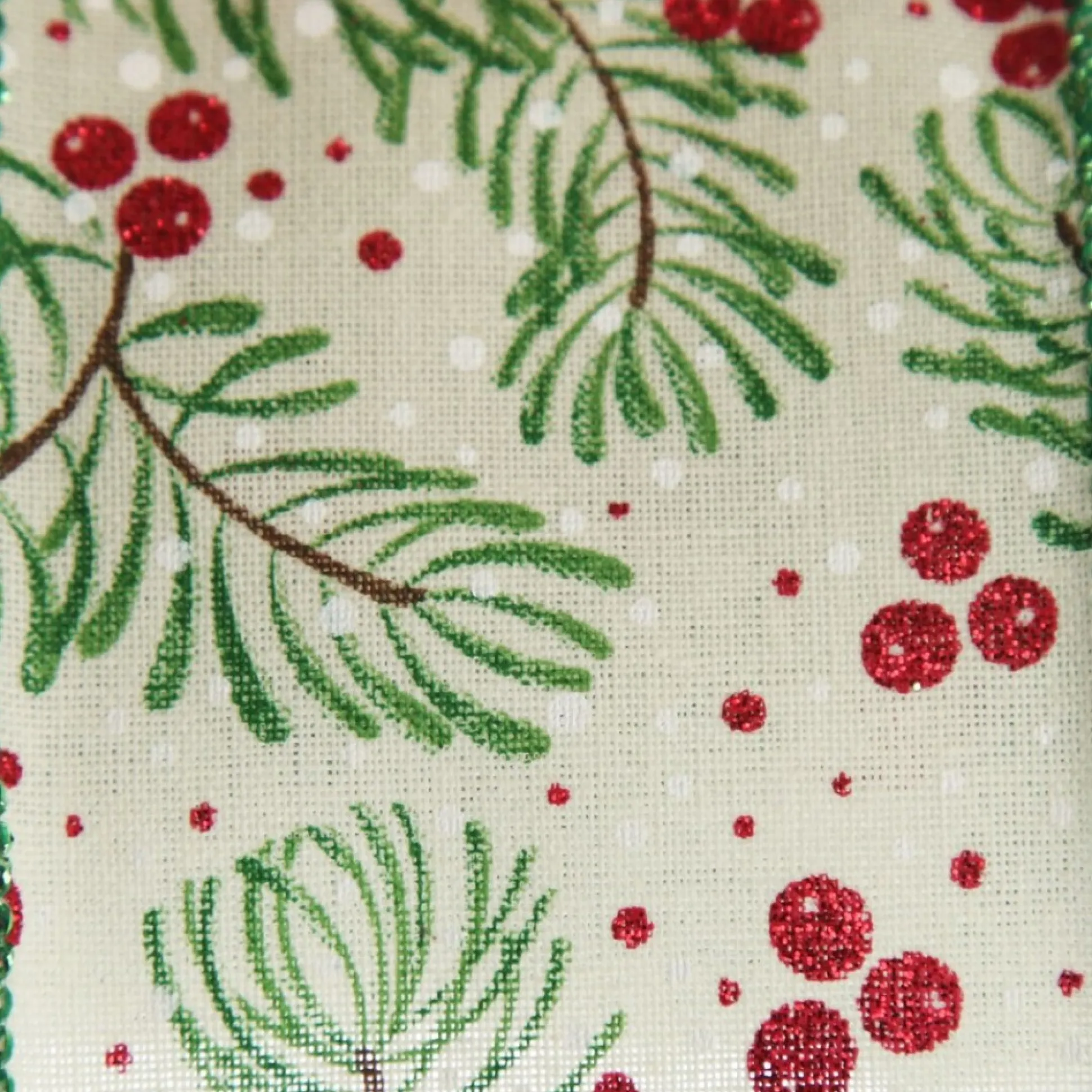 Wide White with Green Fir and Red Berry Ribbon - 6.5cm Ribbons|