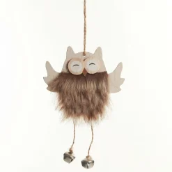Wood Brown Owl with Closed Eyes Tree Decorations with Fur & Bells Christmas Tree Decorations|