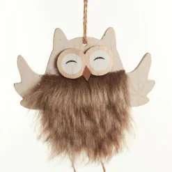 Wood Brown Owl with Closed Eyes Tree Decorations with Fur & Bells Christmas Tree Decorations|