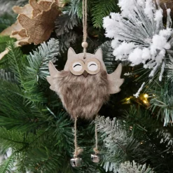 Wood Brown Owl with Closed Eyes Tree Decorations with Fur & Bells Christmas Tree Decorations|