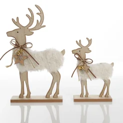 Wood Reindeer with Fur Christmas Ornament and Neck Tie Christmas Birds And Animals|