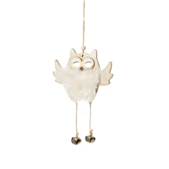 Wood White Owl with Closed Eyes Tree Decorations with Fur & Bells Christmas Tree Decorations|