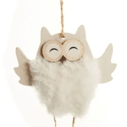 Wood White Owl with Closed Eyes Tree Decorations with Fur & Bells Christmas Tree Decorations|