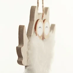 Wood White Owl with Closed Eyes Tree Decorations with Fur & Bells Christmas Tree Decorations|