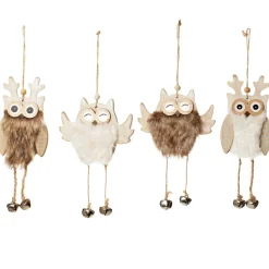 Wood White Owl with Closed Eyes Tree Decorations with Fur & Bells Christmas Tree Decorations|